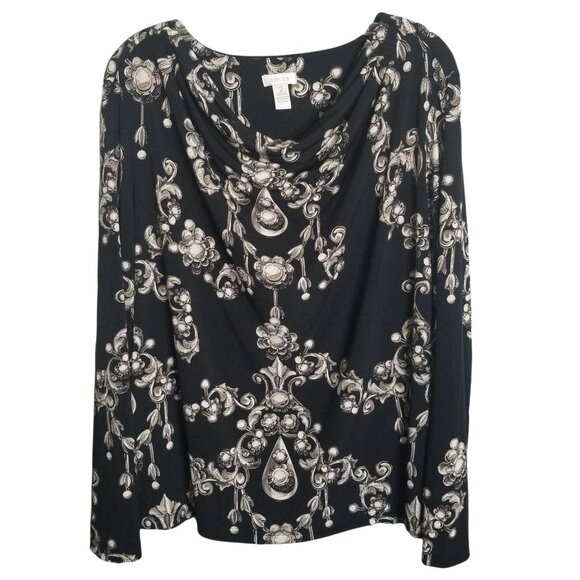 Chico's 2 Size L Blouse Draped Cowl Floral Jewel Print Stretch Pullover Shirt - Picture 2 of 6